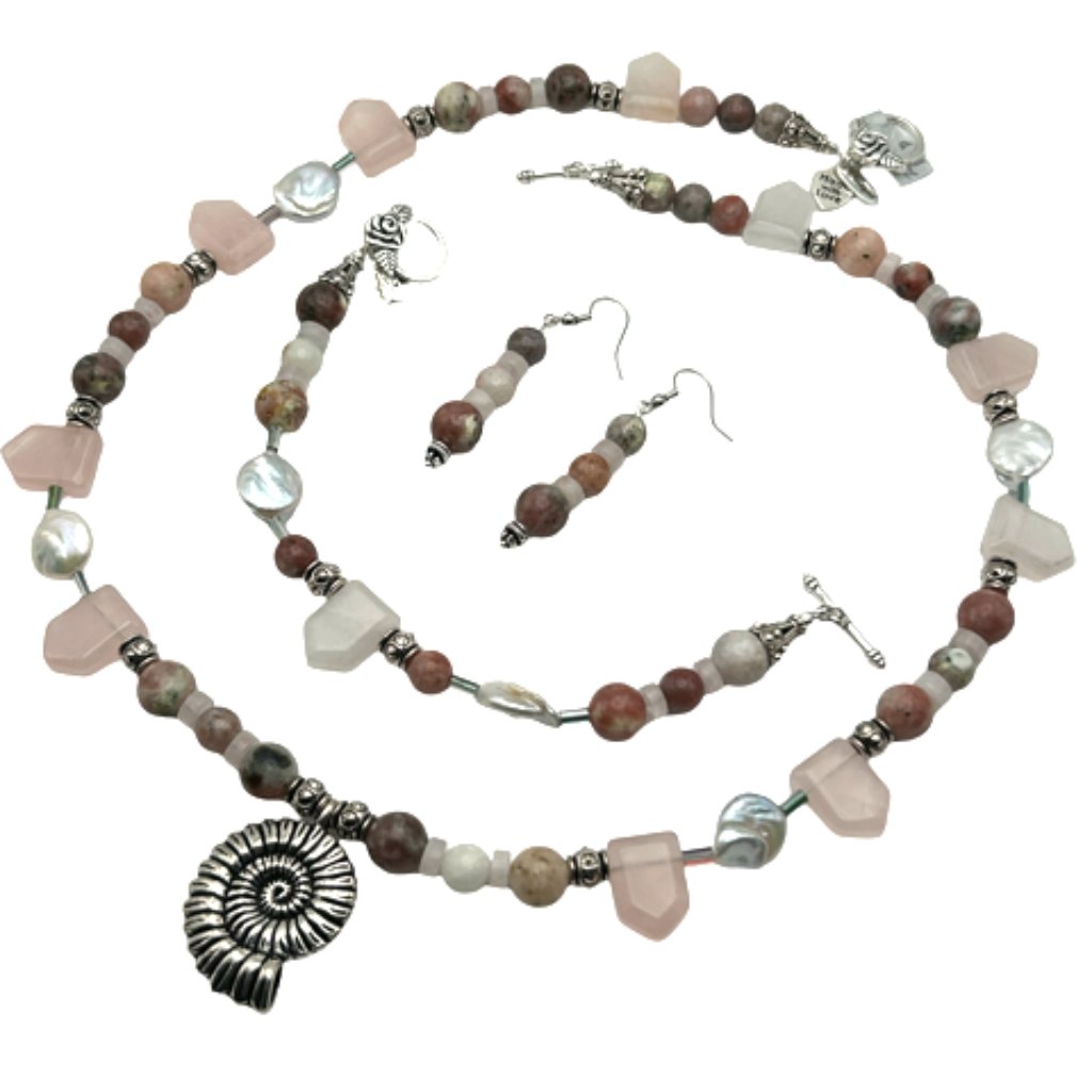 Metal Nautilus Pendant - Rose Quartz, Flower Agate, Keishi Pearl & Pewter